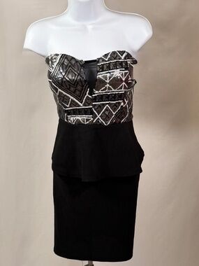 Deb Black Silver Sequin Strapless Peplum Dress L